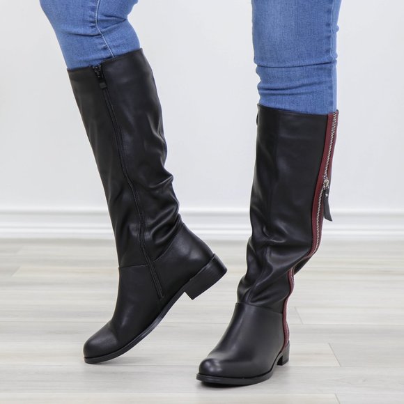 Black Below Knee Rider Boots Light Faux Fur Inside - Picture 12 of 12